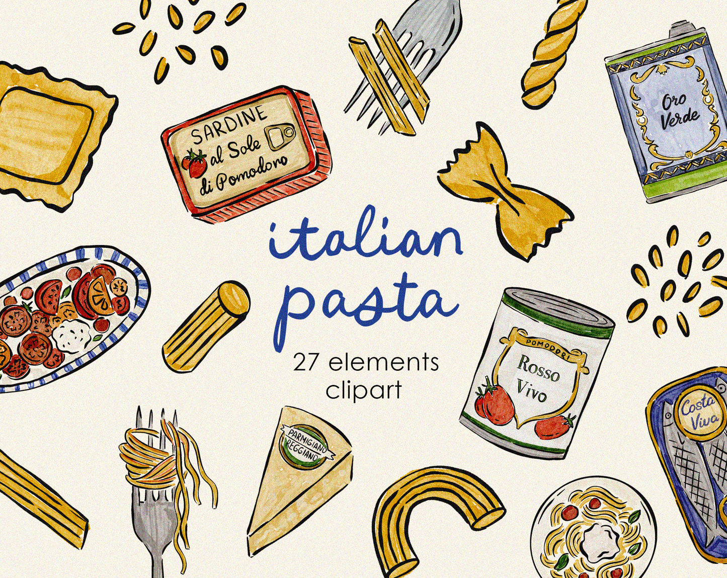 Italian Pasta Watercolor Clipart