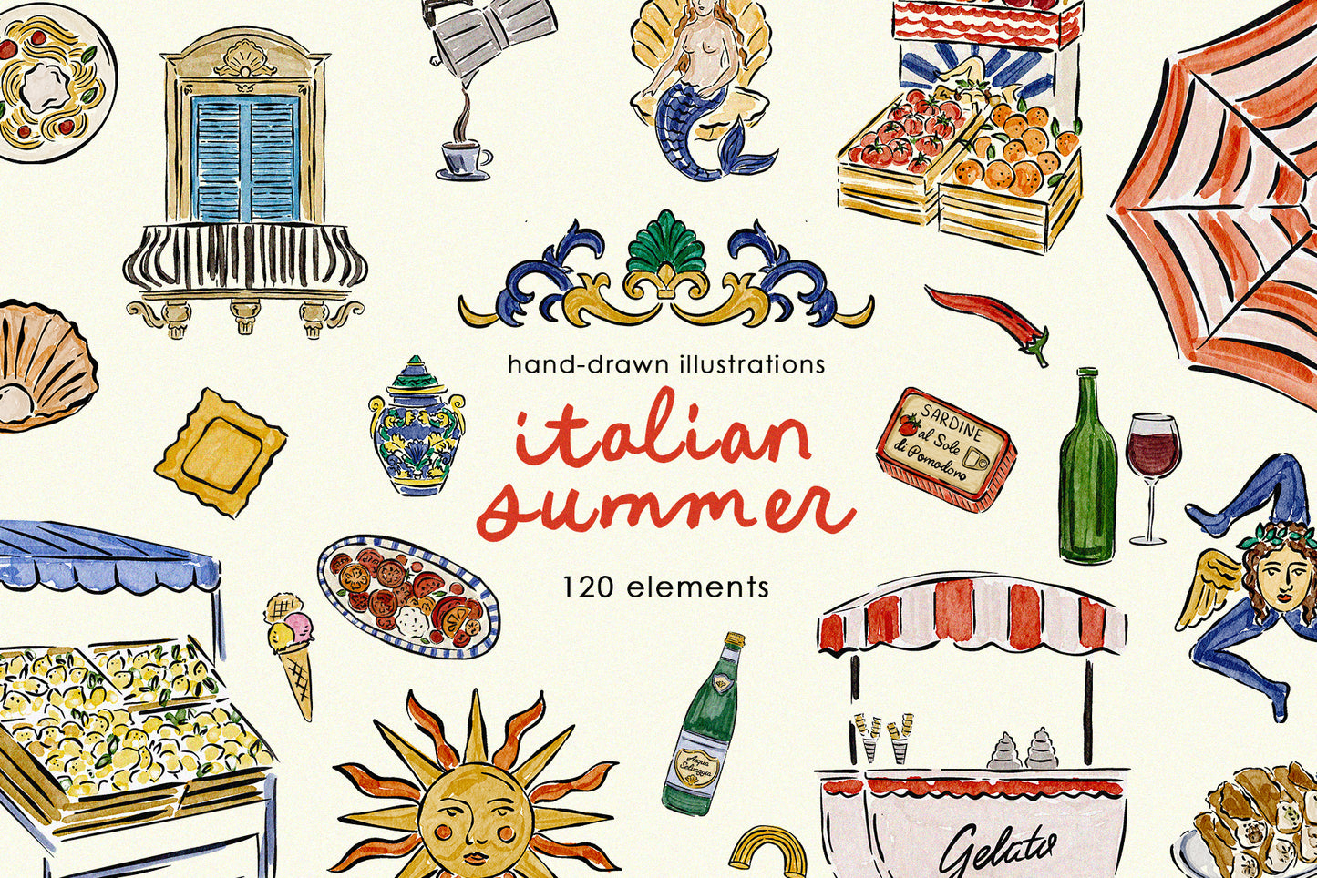 Italian Summer Watercolor Clipart