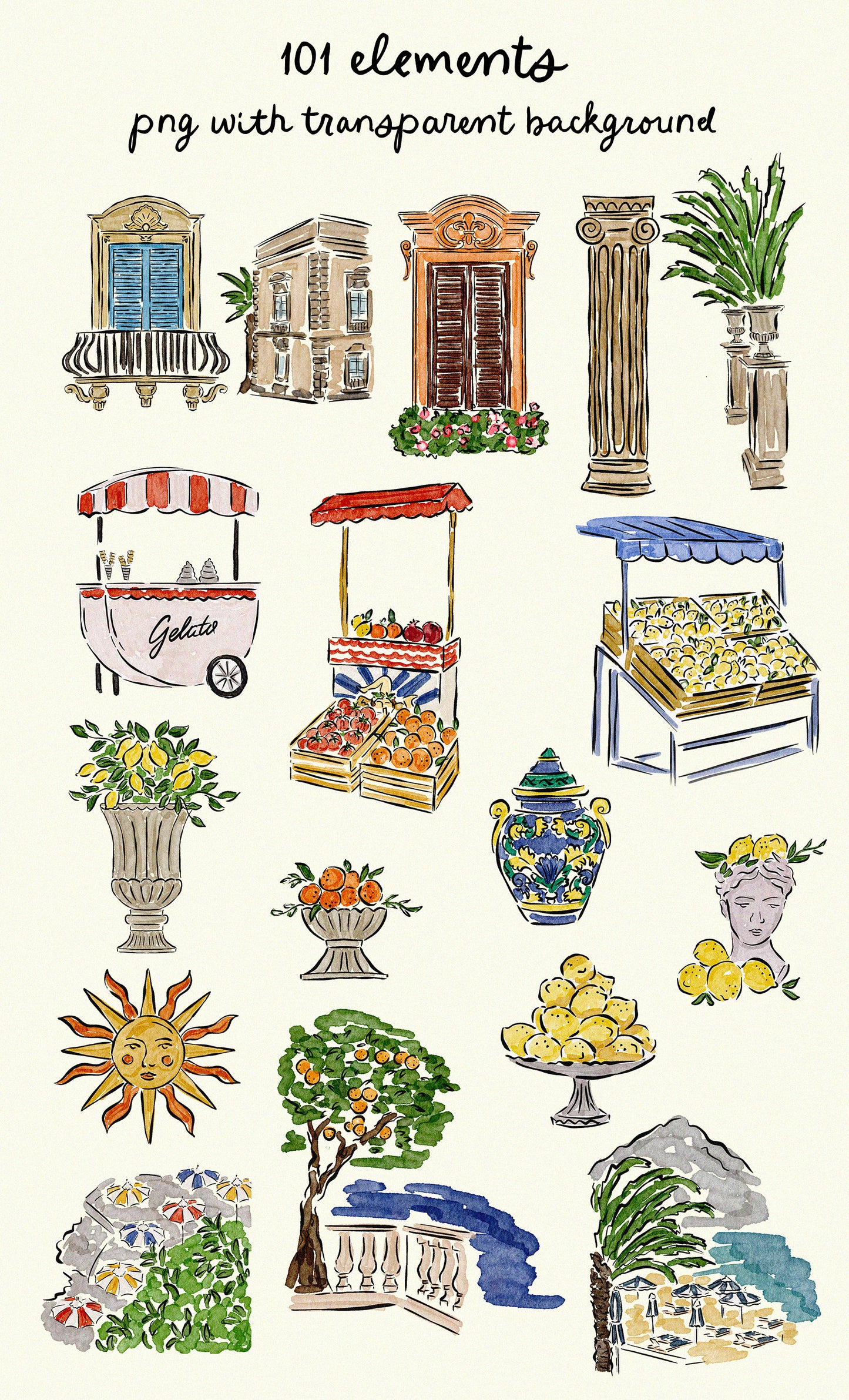 Italian Summer Watercolor Clipart