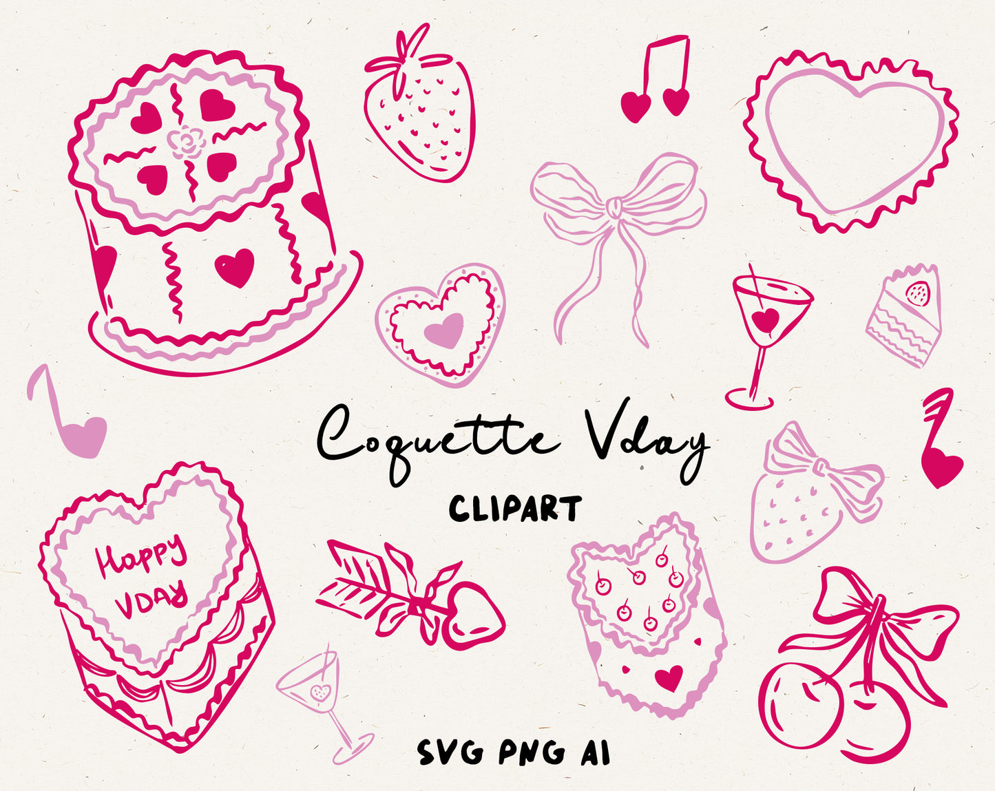 Hand Drawn Coquette Valentines Doodle Clipart