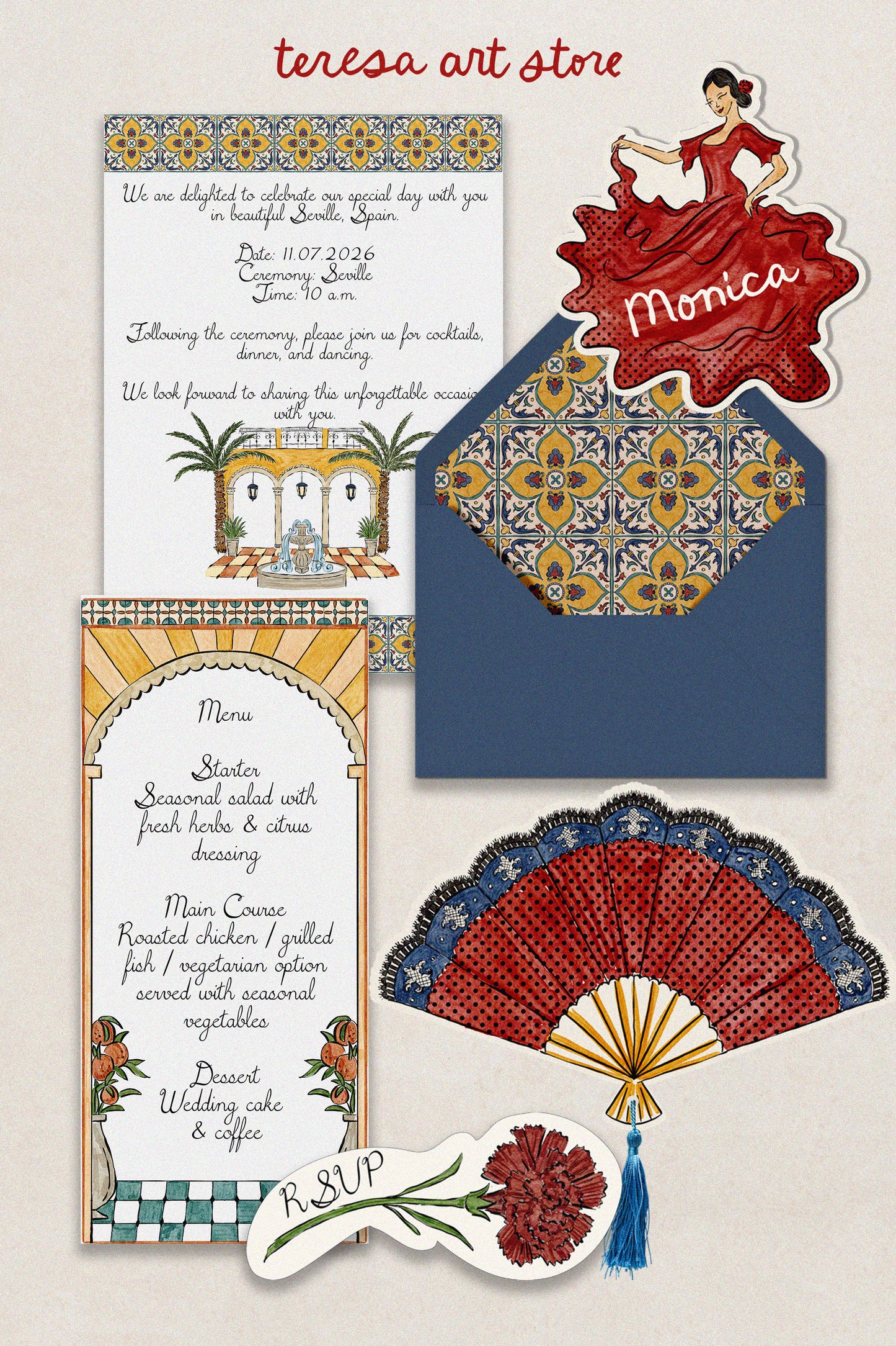 Spanish Seville Wedding Invitation Suite Template - Teresa Illustrations