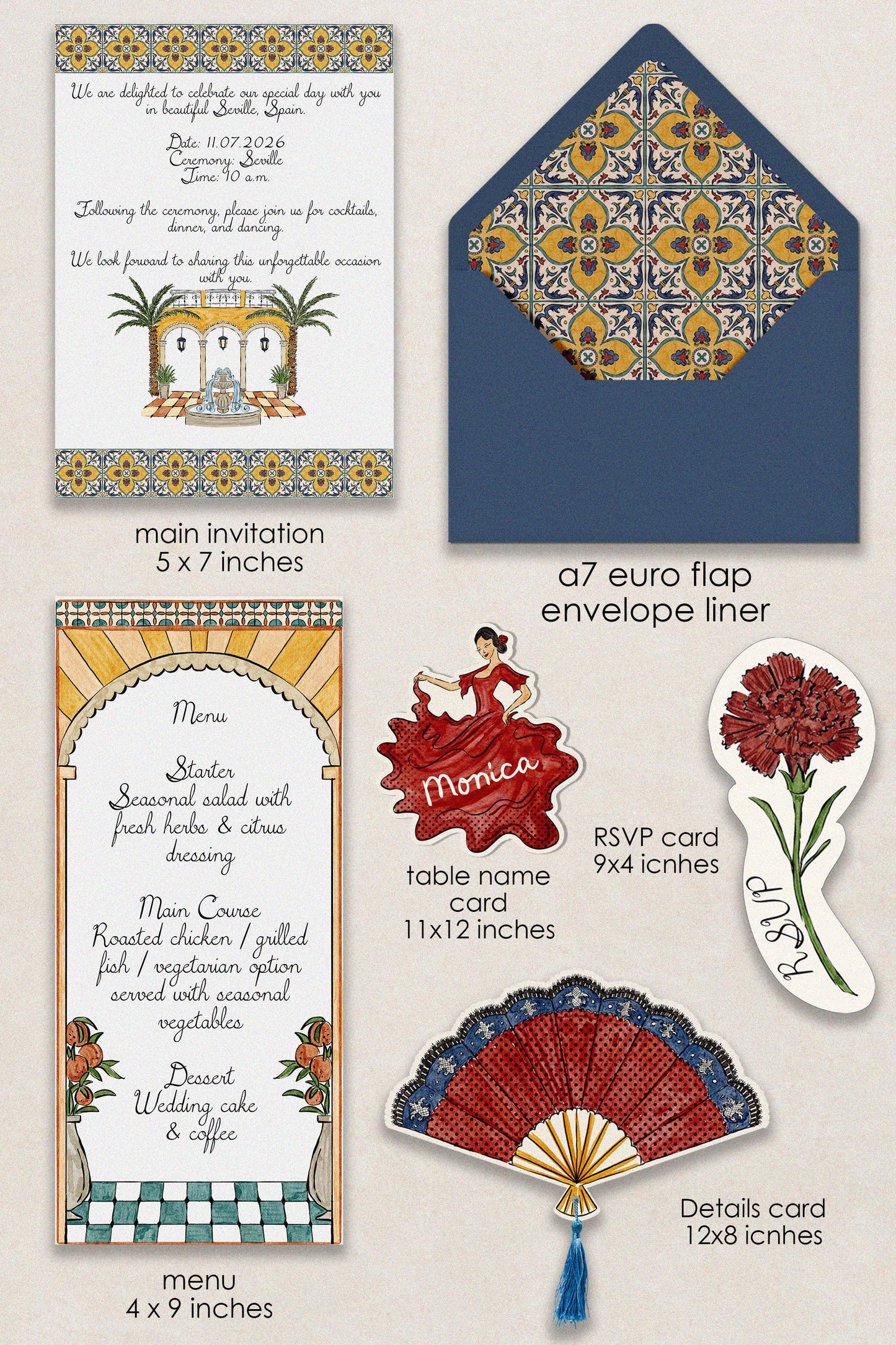 Spanish Seville Wedding Invitation Suite Template - Teresa Illustrations
