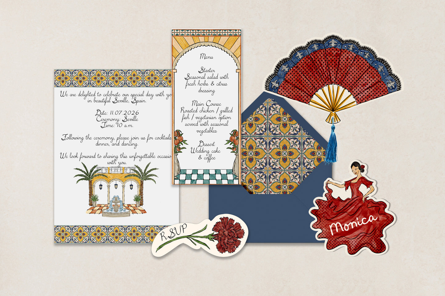 Spanish Seville Wedding Invitation Suite Template - Teresa Illustrations