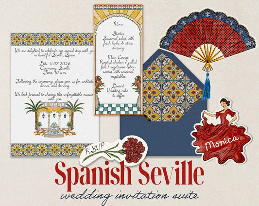 Spanish Seville Wedding Invitation Suite Template - Teresa Illustrations