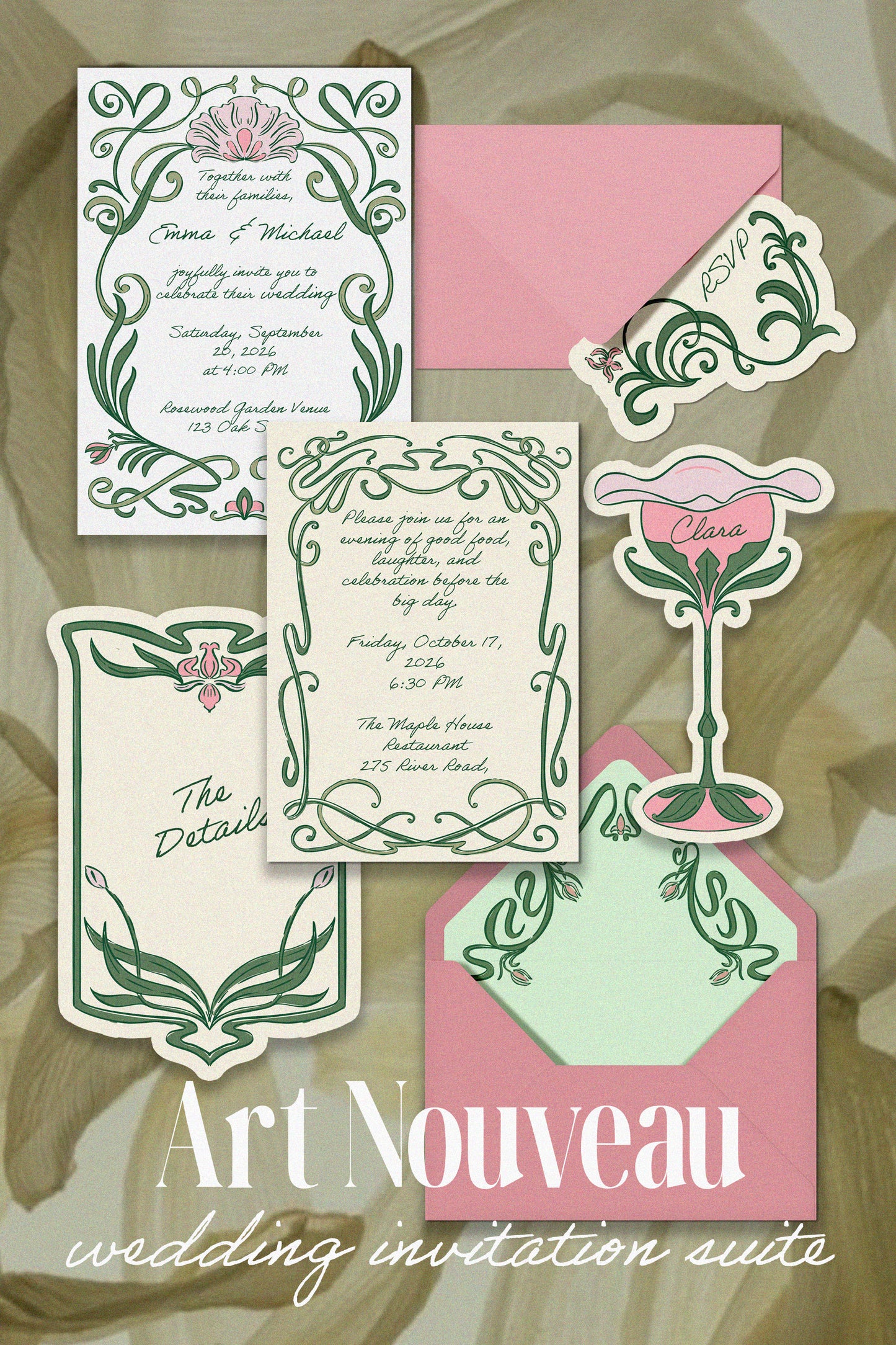 Art Nouveau Wedding Invitation Suite Template - Teresa Illustrations