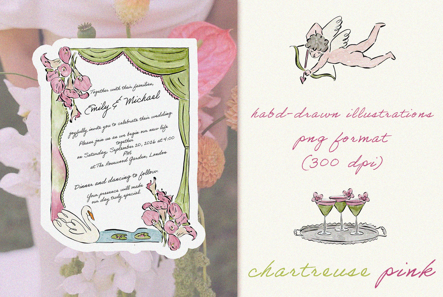 Chartreuse & Pink Wedding Clipart