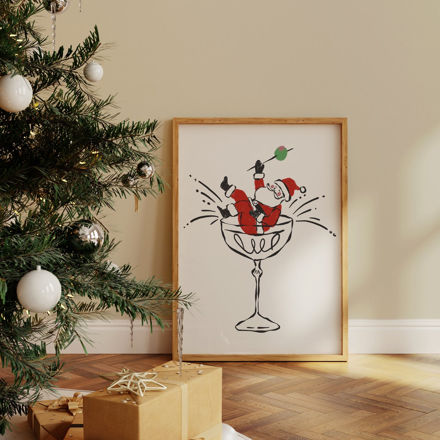 Hand Drawn Vintage Illustration of Santa Claus with Martini