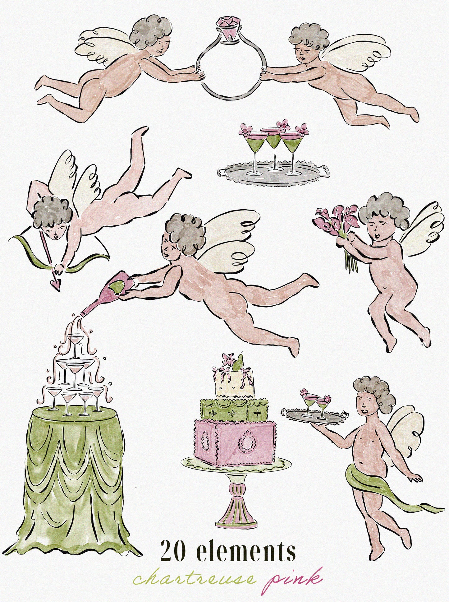 Chartreuse & Pink Wedding Clipart
