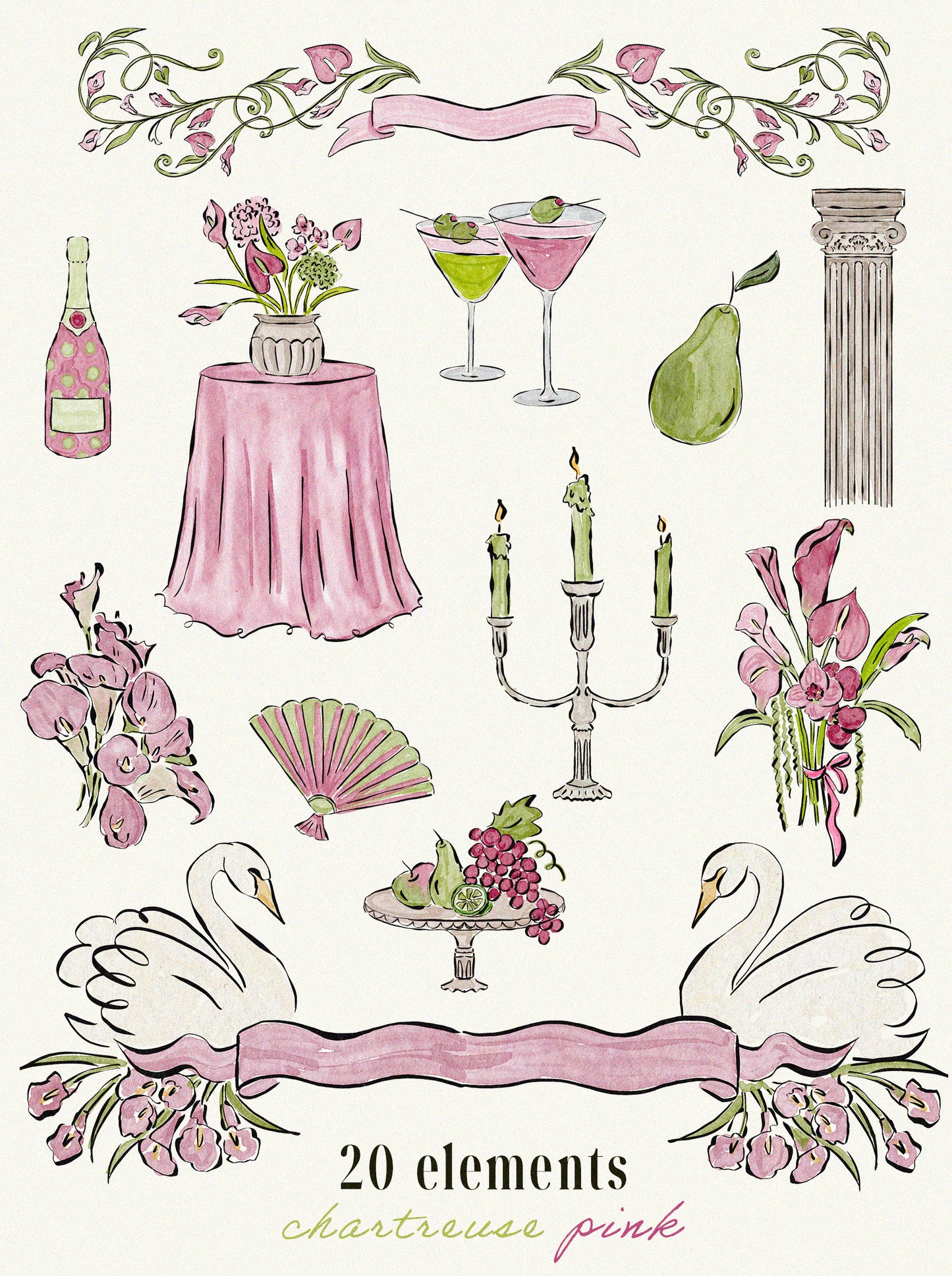 Chartreuse & Pink Wedding Clipart