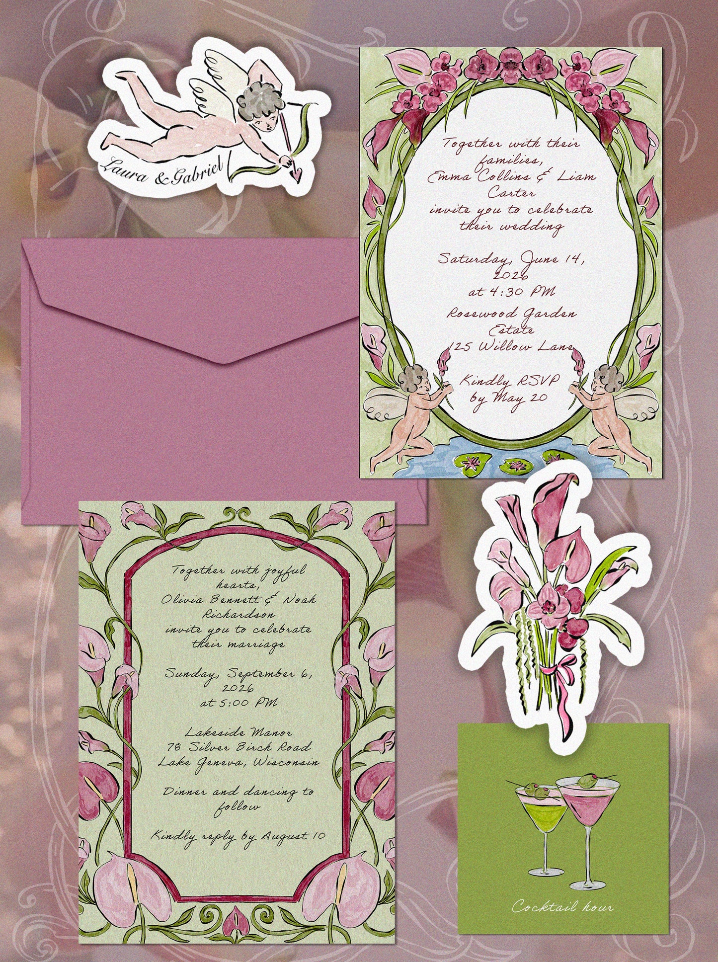 Chartreuse & Pink Wedding Clipart