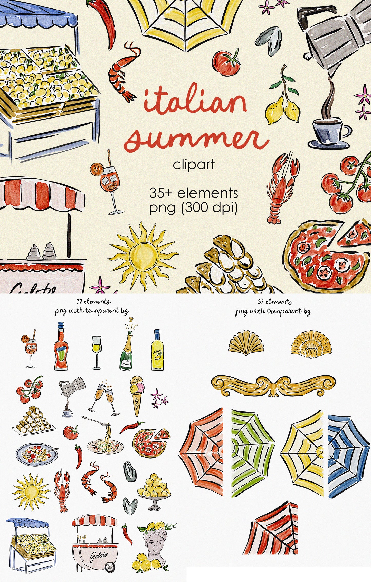 Hand Drawn Italian Summer Illustrations Bundle